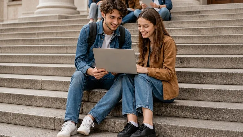 A student on the steps of a London terrace